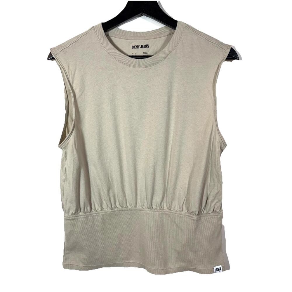 DKNY Sleeveless Top Wide Ribbed Waist Tan Beige Minimalist Medium Cotton Blend